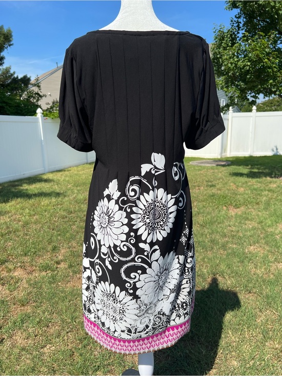 Ice Dresses & Skirts - Ice Black Midi Dress with White Floral Print & Pink Border Square Neckline Sz 14